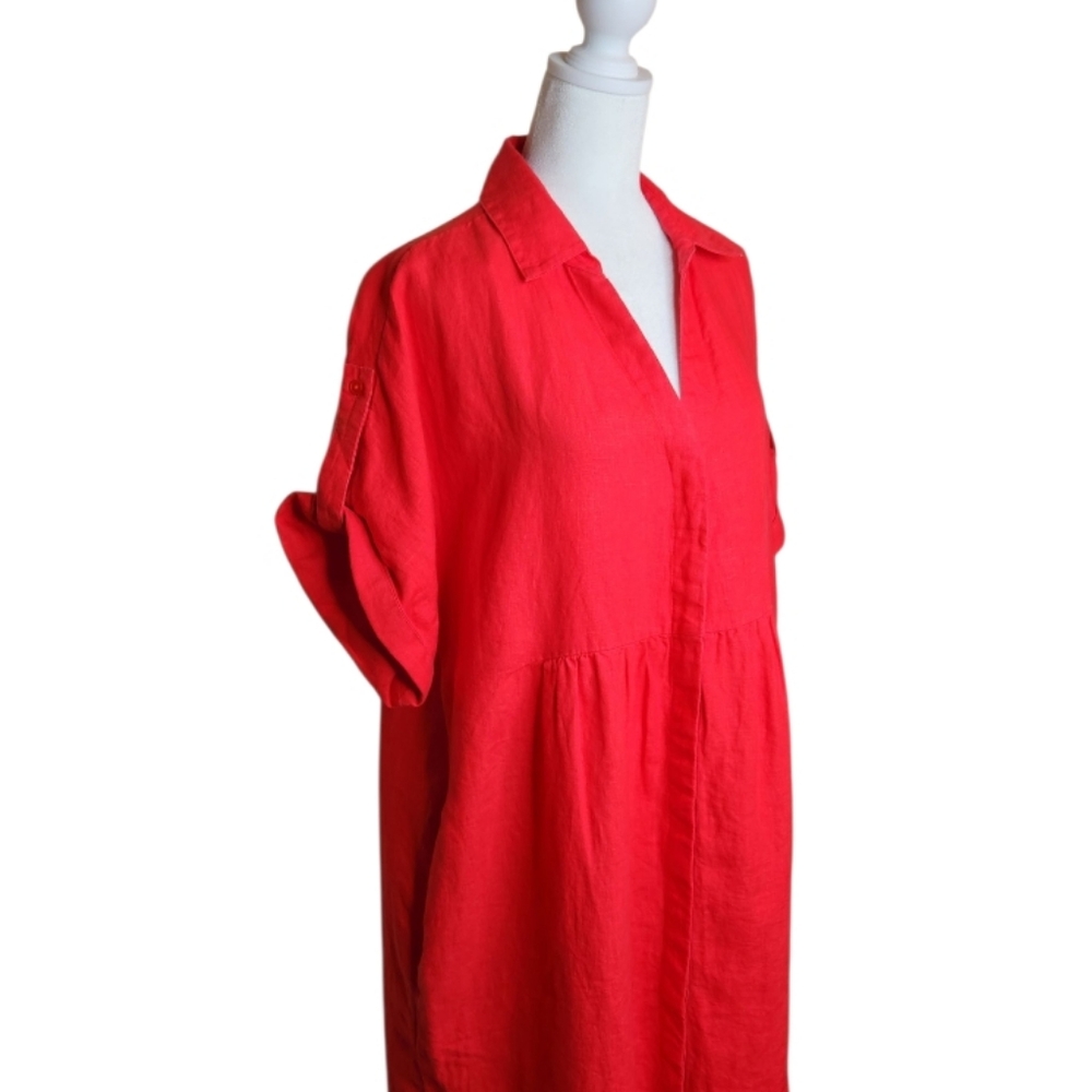 NEW Chicos Linen Roll Tab Sleeve Midi Dress in Watermelon Punch Size 1.5 US 10 - Picture 4 of 10